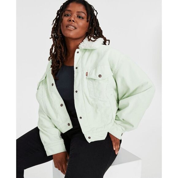 Levi's Women's Plus Size Faux-Sherpa Baby Baggy Trucker Jacket - Meadow Mist 2X - Picture 1 of 7